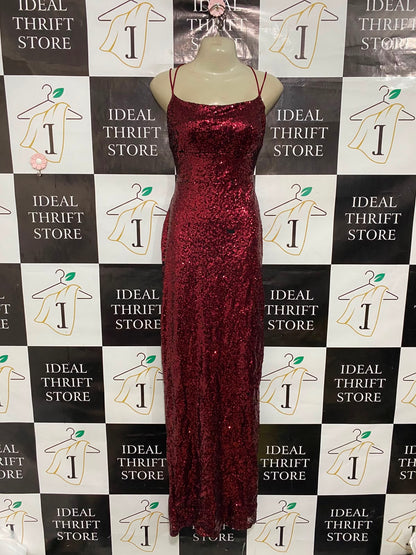 WINDSOR |S| BUST 15| A37| CRIMSON RED SEQUIN SPAGHETTI STRAP FORMAL MIDI DRESS