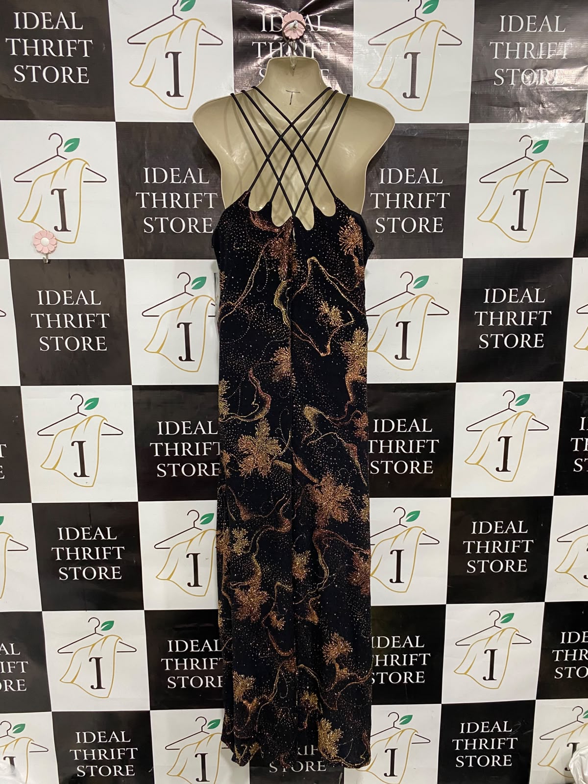 WENDYE CHAITIN |L| BUST 19| A37| BLACK & GOLD GLITTER FLORAL STRAPPY MAXI DRESS