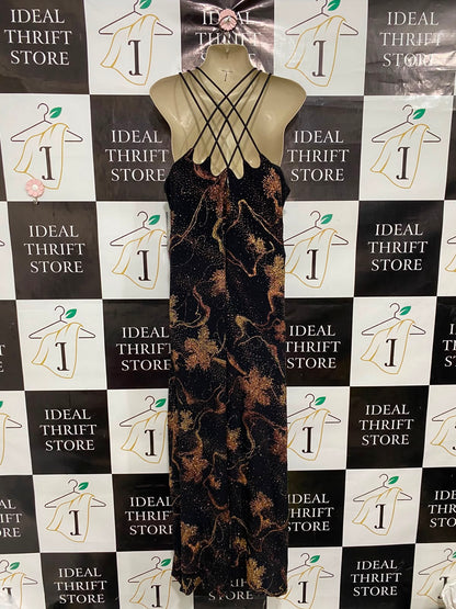 WENDYE CHAITIN |L| BUST 19| A37| BLACK & GOLD GLITTER FLORAL STRAPPY MAXI DRESS