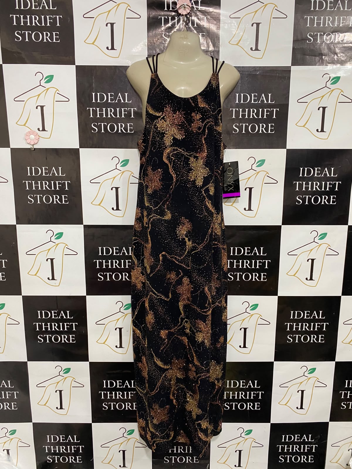 WENDYE CHAITIN |L| BUST 19| A37| BLACK & GOLD GLITTER FLORAL STRAPPY MAXI DRESS