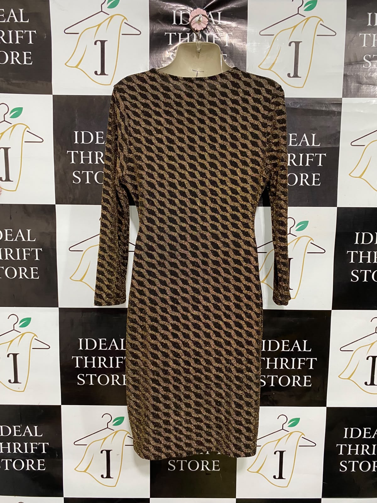 NEW LOOK |S| BUST 16| A37| BROWN & GOLD GEOMETRIC GLITTER V-NECK THREE-QUARTER SLEEVE MIDI DRESS