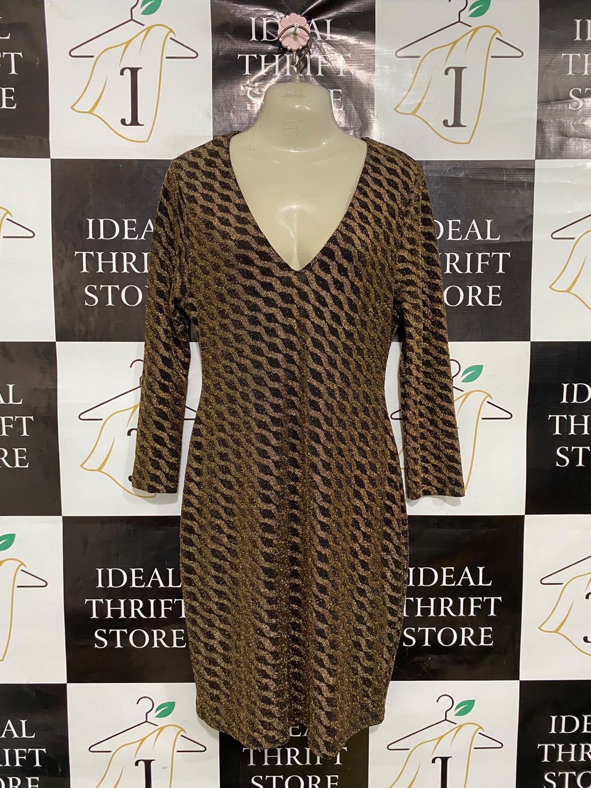 NEW LOOK |S| BUST 16| A37| BROWN & GOLD GEOMETRIC GLITTER V-NECK THREE-QUARTER SLEEVE MIDI DRESS