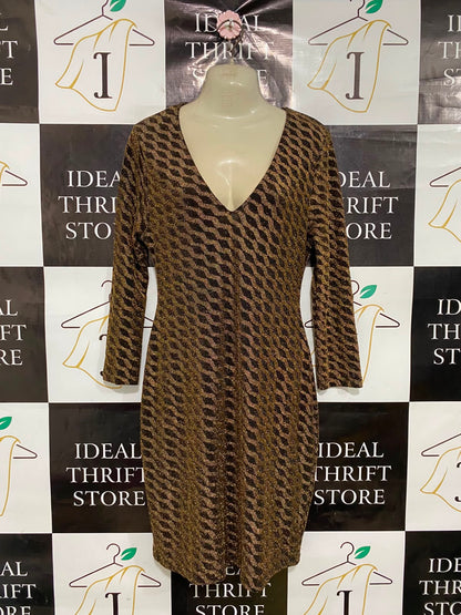 NEW LOOK |S| BUST 16| A37| BROWN & GOLD GEOMETRIC GLITTER V-NECK THREE-QUARTER SLEEVE MIDI DRESS