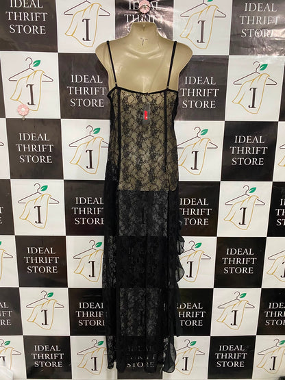 MISSPAP |M| BUST 17| A37| BLACK FLORAL LACE RUFFLE TRIM SPAGHETTI STRAP MAXI DRESS