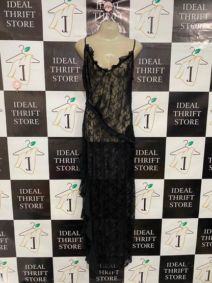 MISSPAP |M| BUST 17| A37| BLACK FLORAL LACE RUFFLE TRIM SPAGHETTI STRAP MAXI DRESS