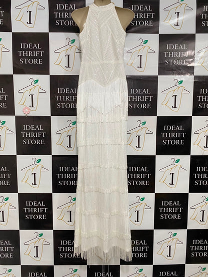 LOVE & LEMONADE |L| BUST 16| A37| WHITE SEQUIN & FRINGE HALTER-NECK FORMAL MAXI DRESS