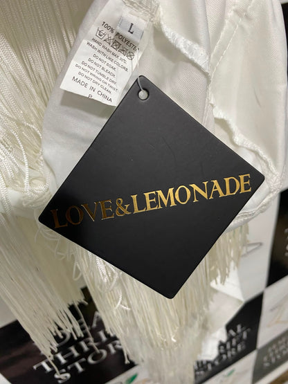 LOVE & LEMONADE |L| BUST 16| A37| WHITE SEQUIN & FRINGE HALTER-NECK FORMAL MAXI DRESS