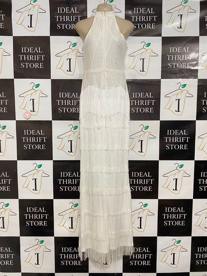 LOVE & LEMONADE |L| BUST 16| A37| WHITE SEQUIN & FRINGE HALTER-NECK FORMAL MAXI DRESS