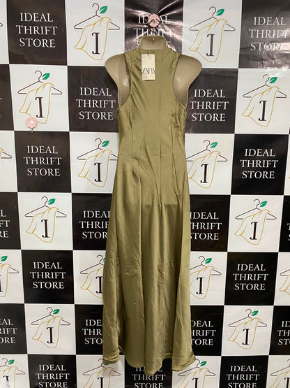 ZARA |S| BUST 16| A37| OLIVE GREEN SATIN COWL-NECK HALTER RUCHED MAXI DRESS