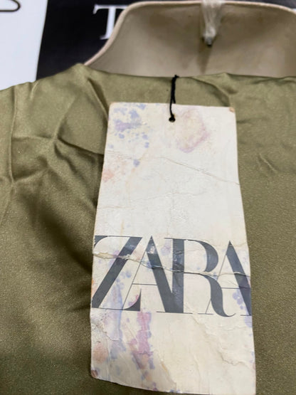 ZARA |S| BUST 16| A37| OLIVE GREEN SATIN COWL-NECK HALTER RUCHED MAXI DRESS
