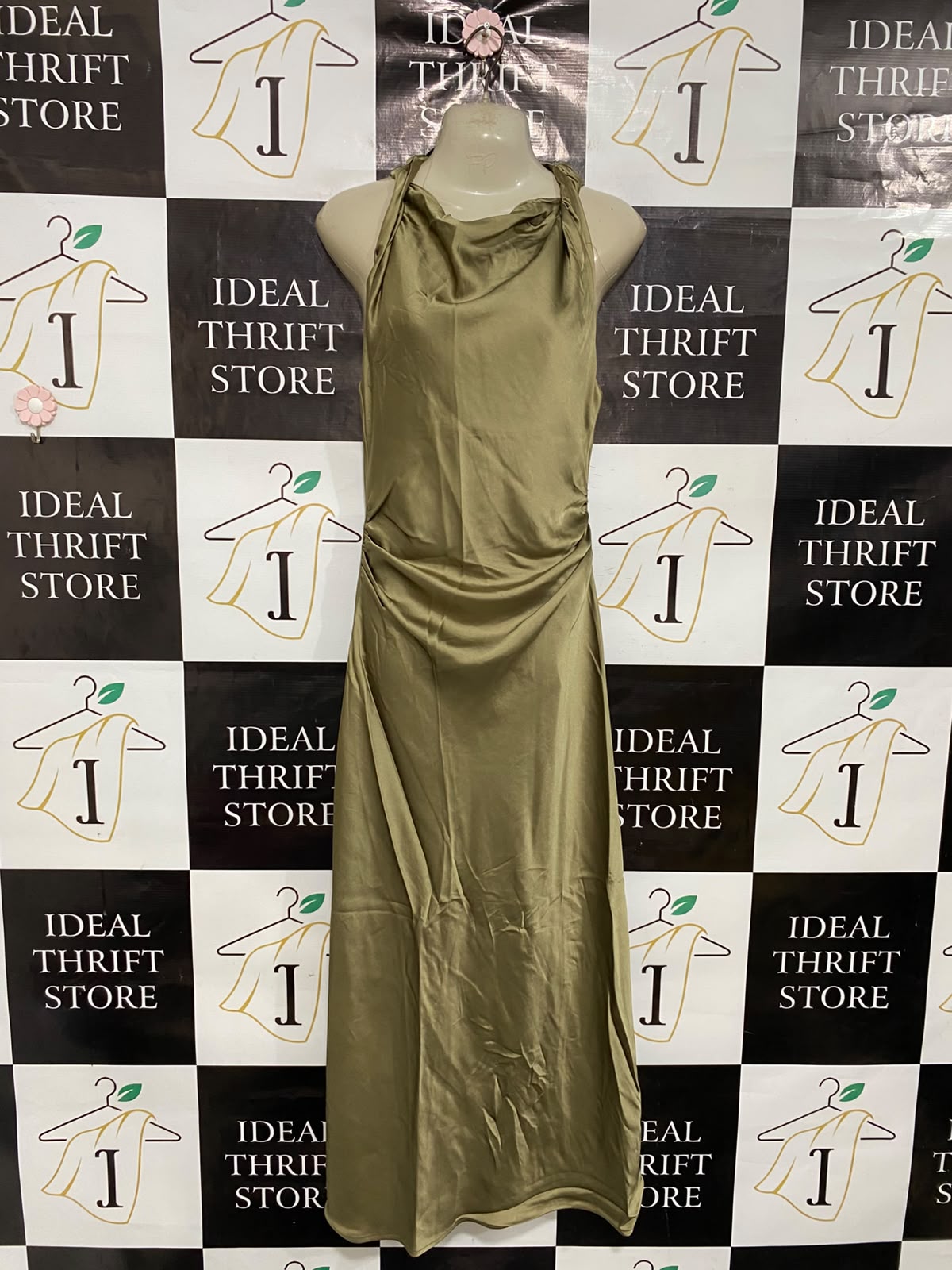 ZARA |S| BUST 16| A37| OLIVE GREEN SATIN COWL-NECK HALTER RUCHED MAXI DRESS