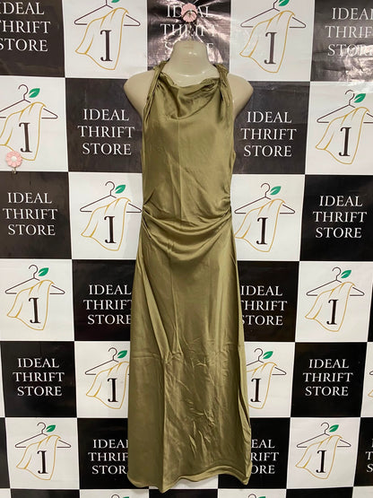 ZARA |S| BUST 16| A37| OLIVE GREEN SATIN COWL-NECK HALTER RUCHED MAXI DRESS