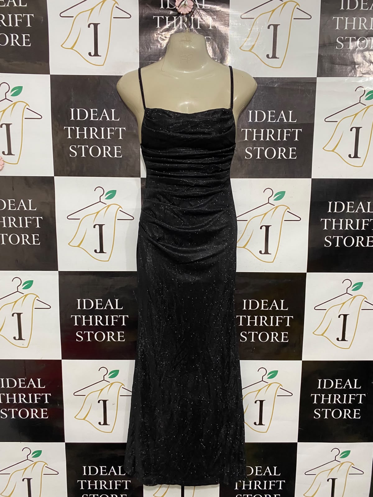 |XS| BUST 15| A37| BLACK GLITTER COWL-NECK RUCHED SPAGHETTI STRAP MAXI DRESS