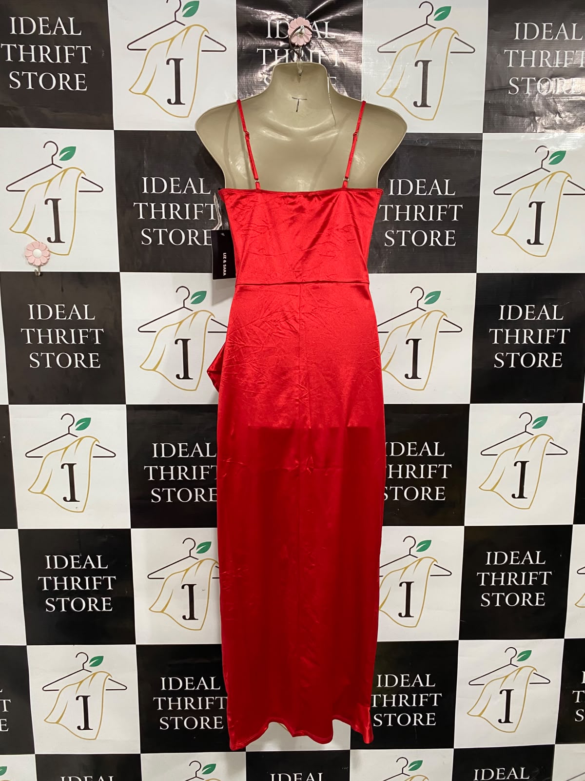 LIZ & SARA |M| BUST 16| A37| CRIMSON RED SATIN RUFFLE-TRIM SPAGHETTI STRAP MIDI DRESS