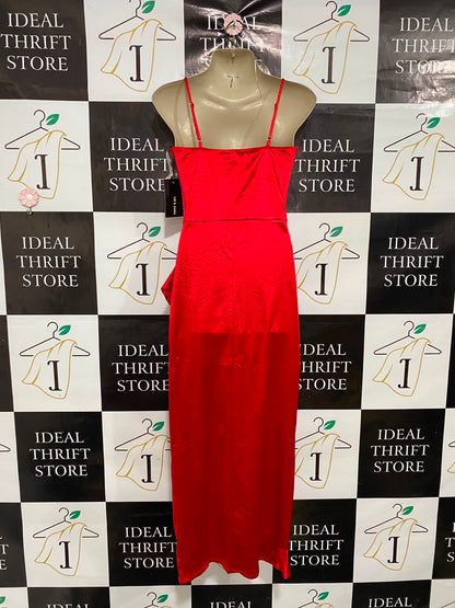 LIZ & SARA |M| BUST 16| A37| CRIMSON RED SATIN RUFFLE-TRIM SPAGHETTI STRAP MIDI DRESS