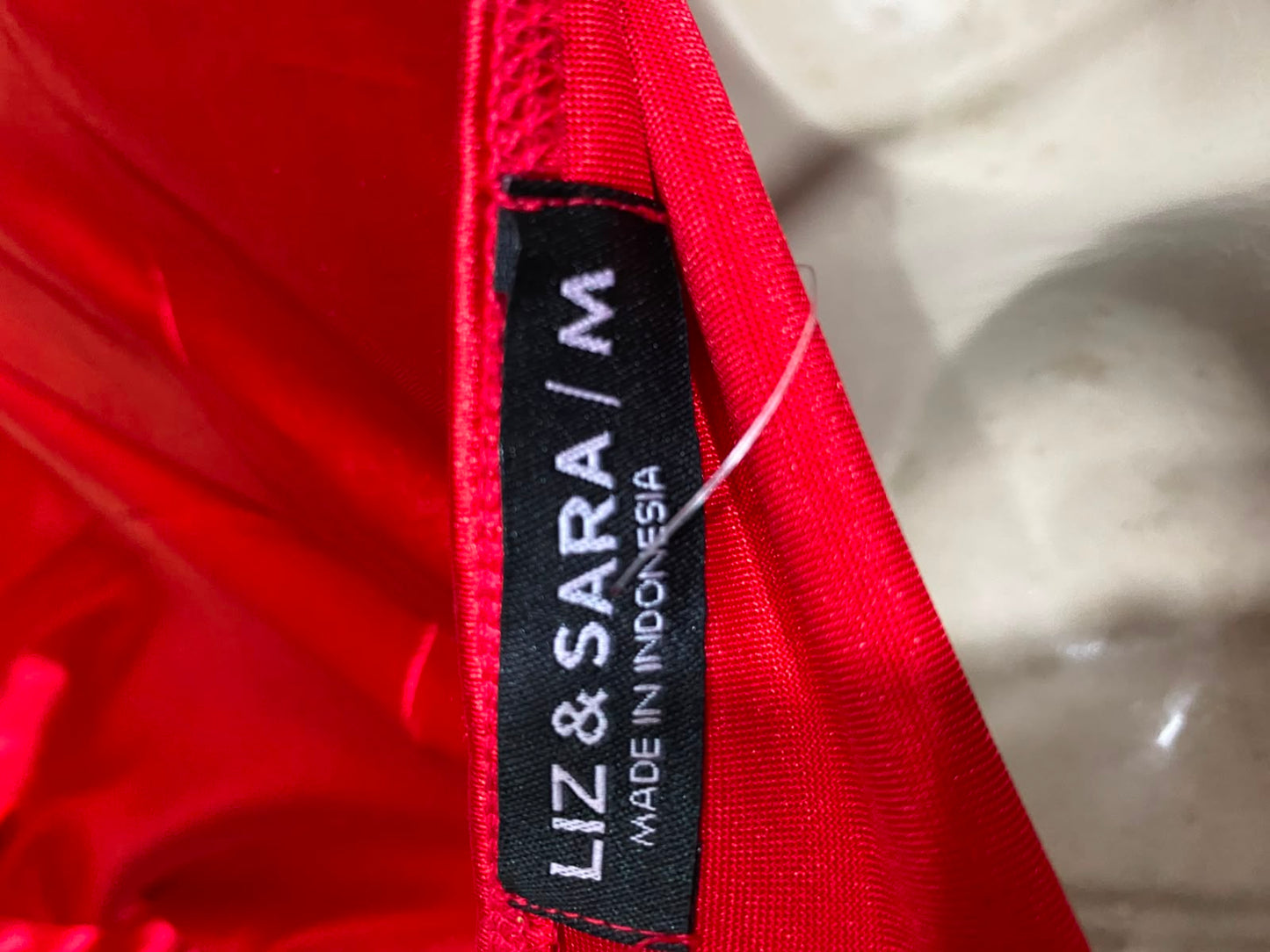 LIZ & SARA |M| BUST 16| A37| CRIMSON RED SATIN RUFFLE-TRIM SPAGHETTI STRAP MIDI DRESS