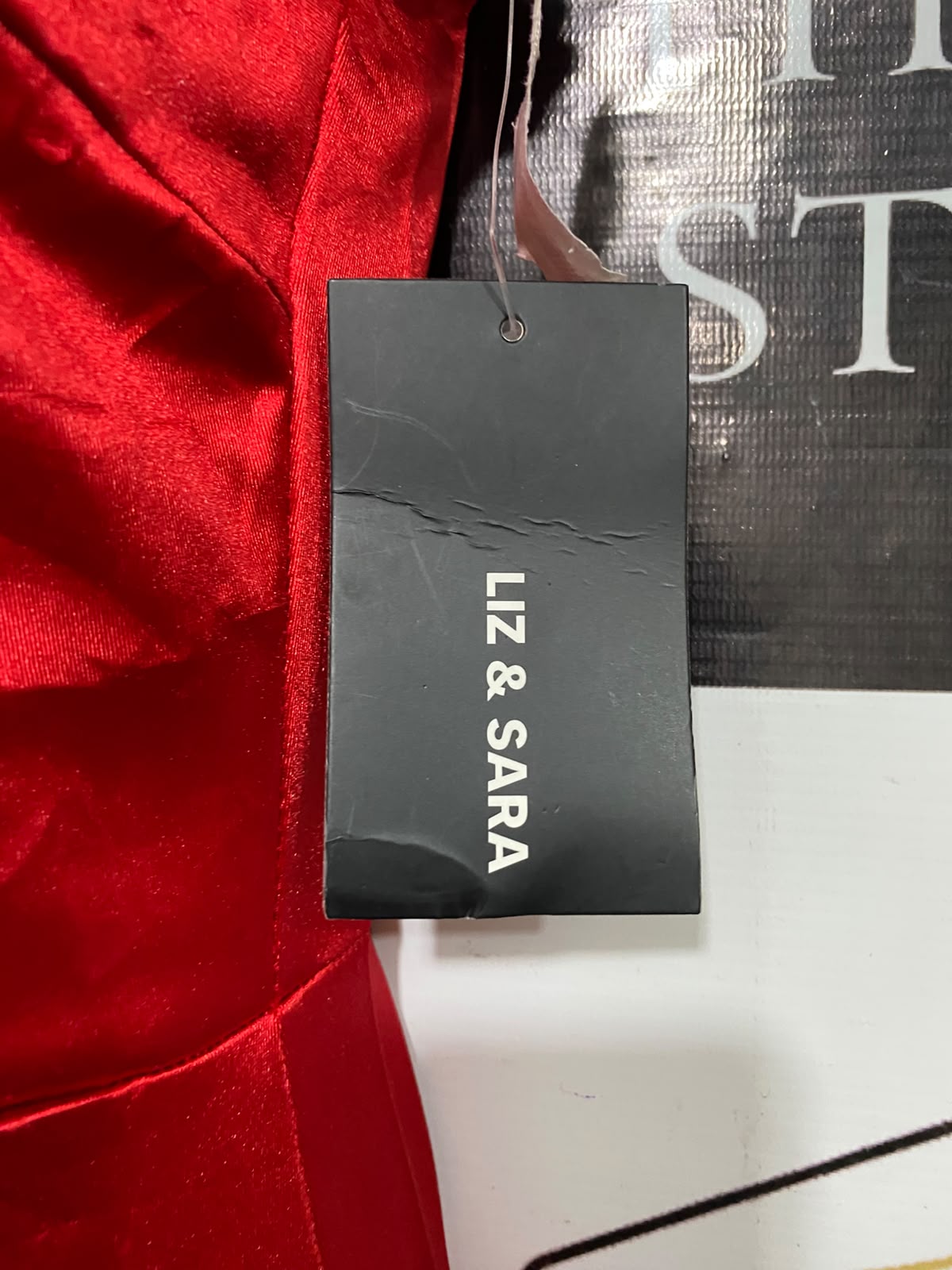 LIZ & SARA |M| BUST 16| A37| CRIMSON RED SATIN RUFFLE-TRIM SPAGHETTI STRAP MIDI DRESS