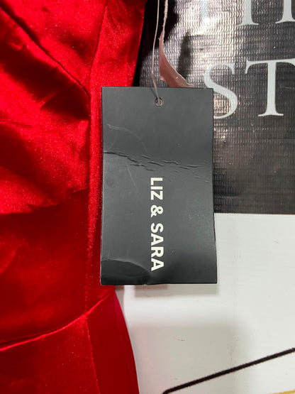 LIZ & SARA |M| BUST 16| A37| CRIMSON RED SATIN RUFFLE-TRIM SPAGHETTI STRAP MIDI DRESS