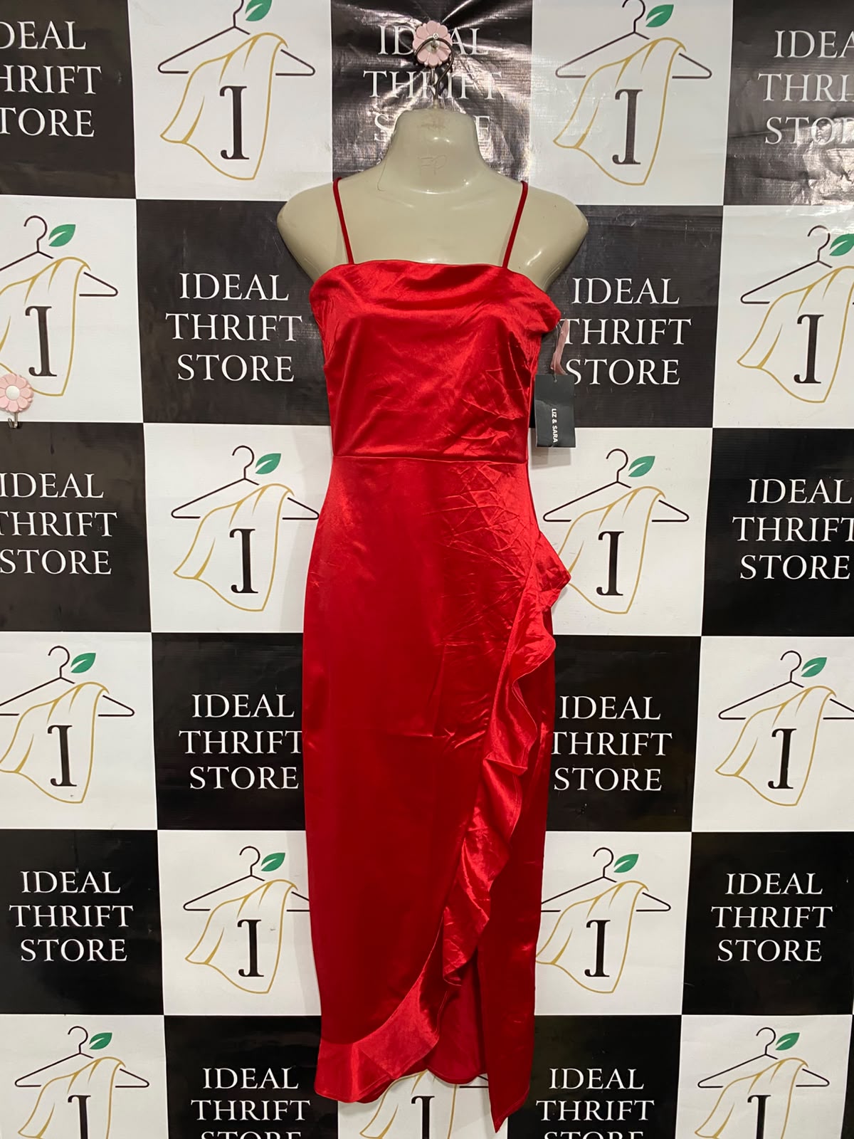 LIZ & SARA |M| BUST 16| A37| CRIMSON RED SATIN RUFFLE-TRIM SPAGHETTI STRAP MIDI DRESS