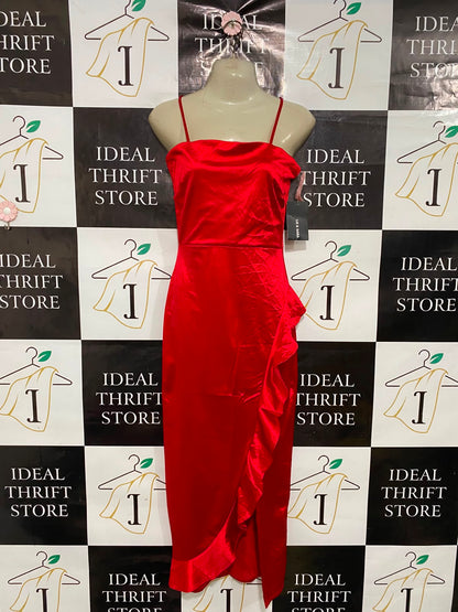 LIZ & SARA |M| BUST 16| A37| CRIMSON RED SATIN RUFFLE-TRIM SPAGHETTI STRAP MIDI DRESS