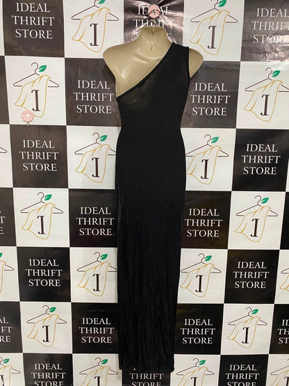 BOOHOO |S| BUST 15| A37| BLACK ONE-SHOULDER TWIST-DETAIL SLINKY FORMAL MAXI DRESS