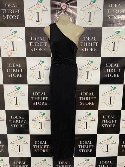 BOOHOO |S| BUST 15| A37| BLACK ONE-SHOULDER TWIST-DETAIL SLINKY FORMAL MAXI DRESS