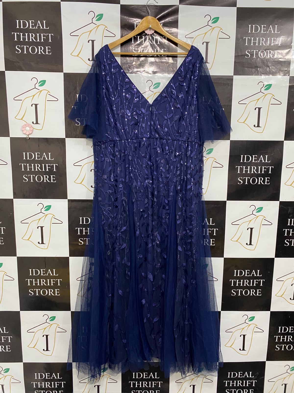EVER PRETTY |XL| BUST 23| A37| NAVY BLUE FLORAL EMBROIDERED MESH SHORT-SLEEVE MIDI DRESS