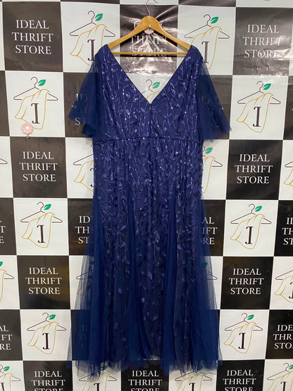 EVER PRETTY |XL| BUST 23| A37| NAVY BLUE FLORAL EMBROIDERED MESH SHORT-SLEEVE MIDI DRESS