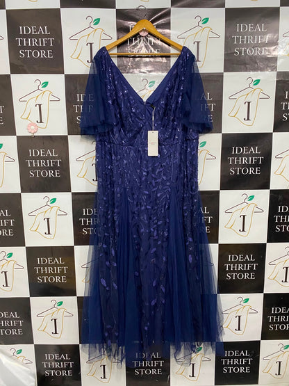 EVER PRETTY |XL| BUST 23| A37| NAVY BLUE FLORAL EMBROIDERED MESH SHORT-SLEEVE MIDI DRESS