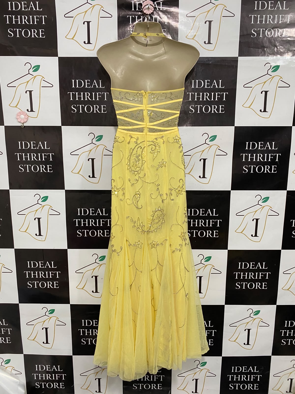 CACHE |XS| BUST 15| A37| YELLOW BEADED & EMBROIDERED PAISLEY HALTER FORMAL MAXI DRESS