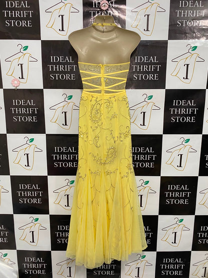 CACHE |XS| BUST 15| A37| YELLOW BEADED & EMBROIDERED PAISLEY HALTER FORMAL MAXI DRESS