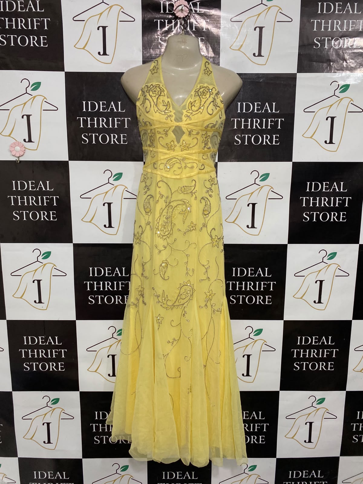 CACHE |XS| BUST 15| A37| YELLOW BEADED & EMBROIDERED PAISLEY HALTER FORMAL MAXI DRESS