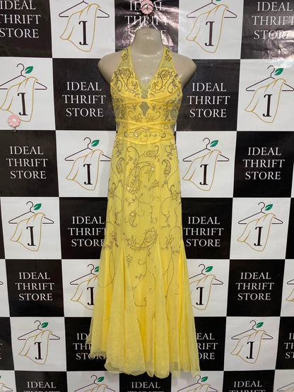CACHE |XS| BUST 15| A37| YELLOW BEADED & EMBROIDERED PAISLEY HALTER FORMAL MAXI DRESS