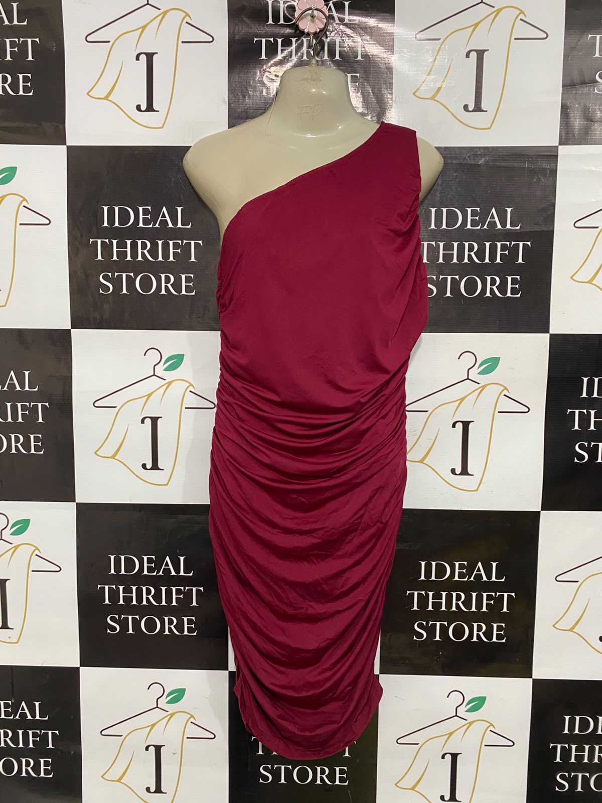 PRETTY GARDEN |M| BUST 16| A37| MAGENTA PINK ONE-SHOULDER RUCHED BODYCON MIDI DRESS