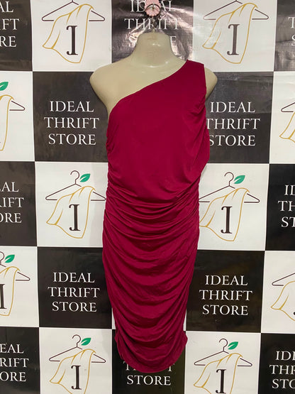 PRETTY GARDEN |M| BUST 16| A37| MAGENTA PINK ONE-SHOULDER RUCHED BODYCON MIDI DRESS