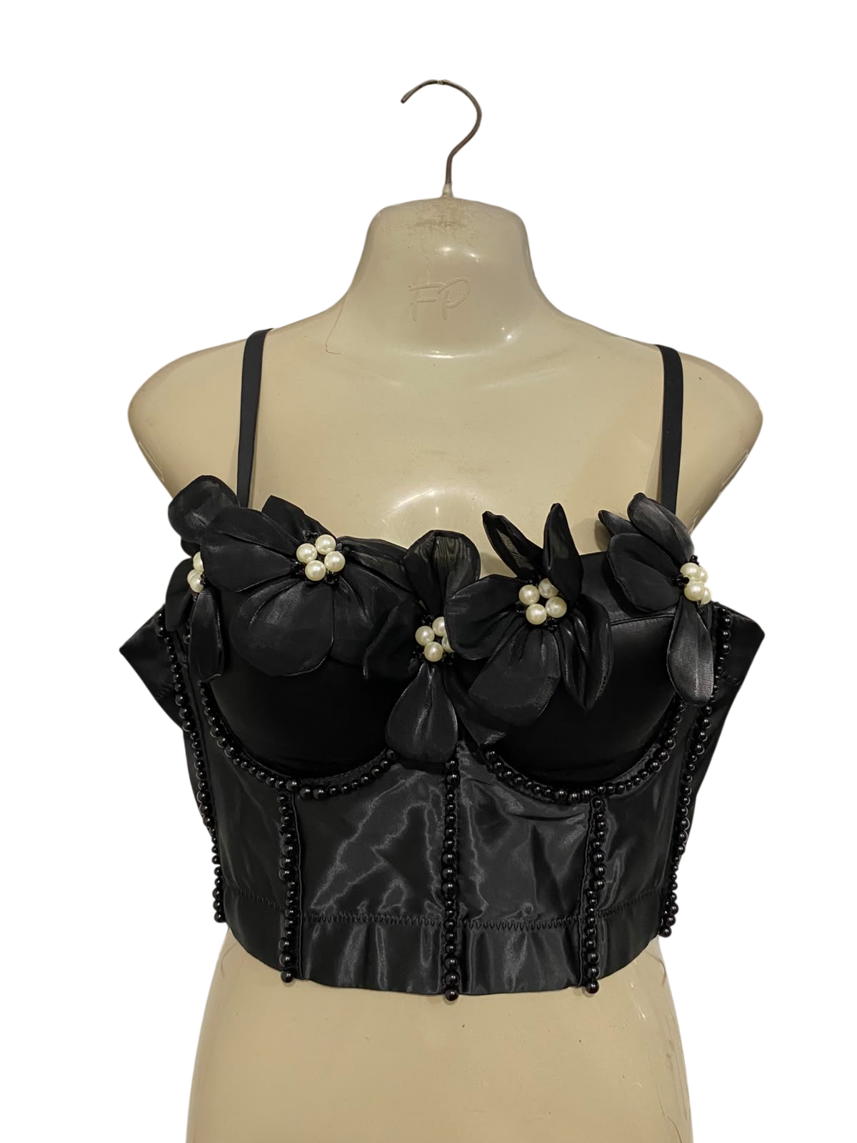 |L| BUST 17| A37| BLACK SATIN 3D FLORAL APPLIQUE & PEARL BEADED CORSET CROP TOP
