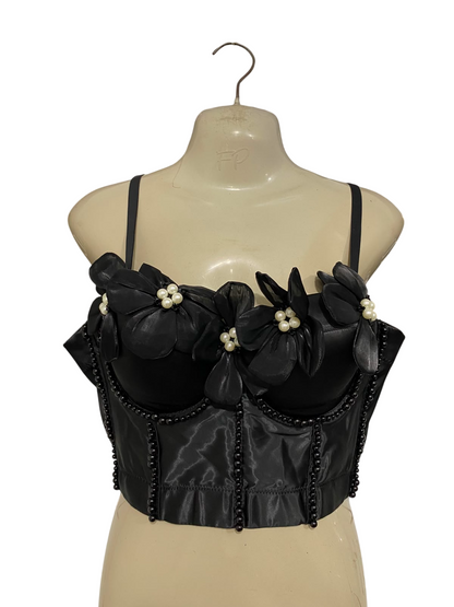 |L| BUST 17| A37| BLACK SATIN 3D FLORAL APPLIQUE & PEARL BEADED CORSET CROP TOP
