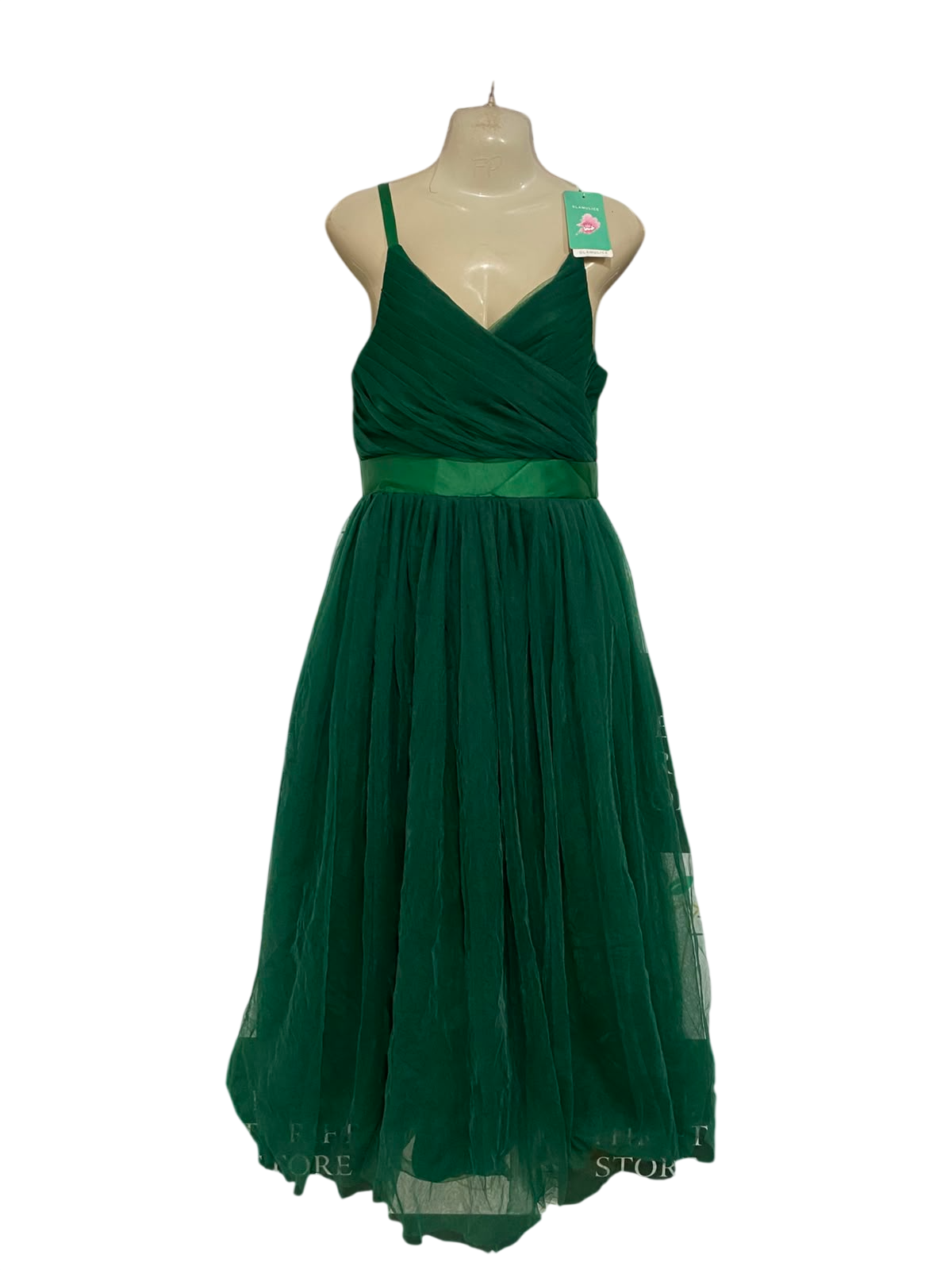 GLAMULICE |S| BUST 17| A37| EMERALD GREEN TULLD SLATE-WAIST MIDI DRESS