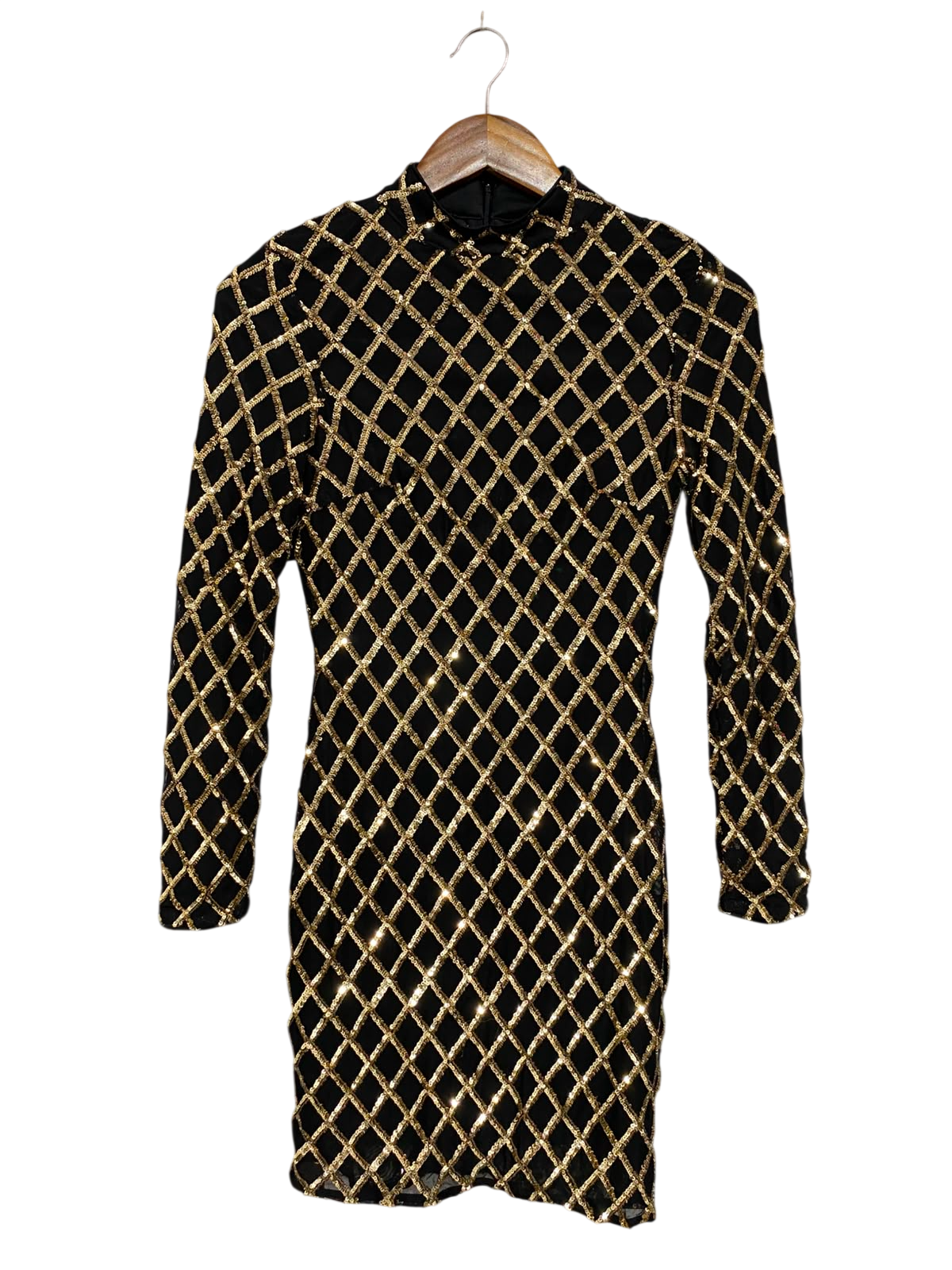 QUIZ |S| BUST 14| A38| BLACK & GOLD LATTICE SEQUIN HIGH-NECK LONG-SLEEVE MINI DRESS