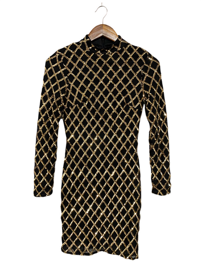 QUIZ |S| BUST 14| A38| BLACK & GOLD LATTICE SEQUIN HIGH-NECK LONG-SLEEVE MINI DRESS