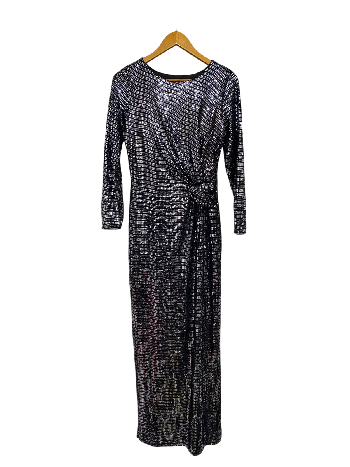 PRINCIPLES |M| BUST 17| A38| BLACK STRIPED SEQUIN KNOT-ACCENT LONG-SLEEVE MAXI DRESS
