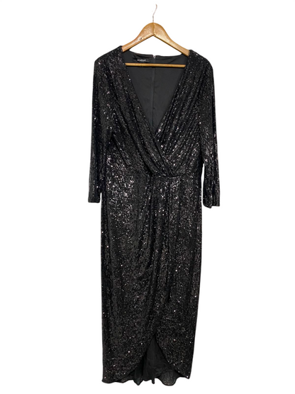 MONTIQUE |M| BUST 19| A38| BLACK SEQUIN WRAP-STYLE LONG-SLEEVE MIDI DRESS