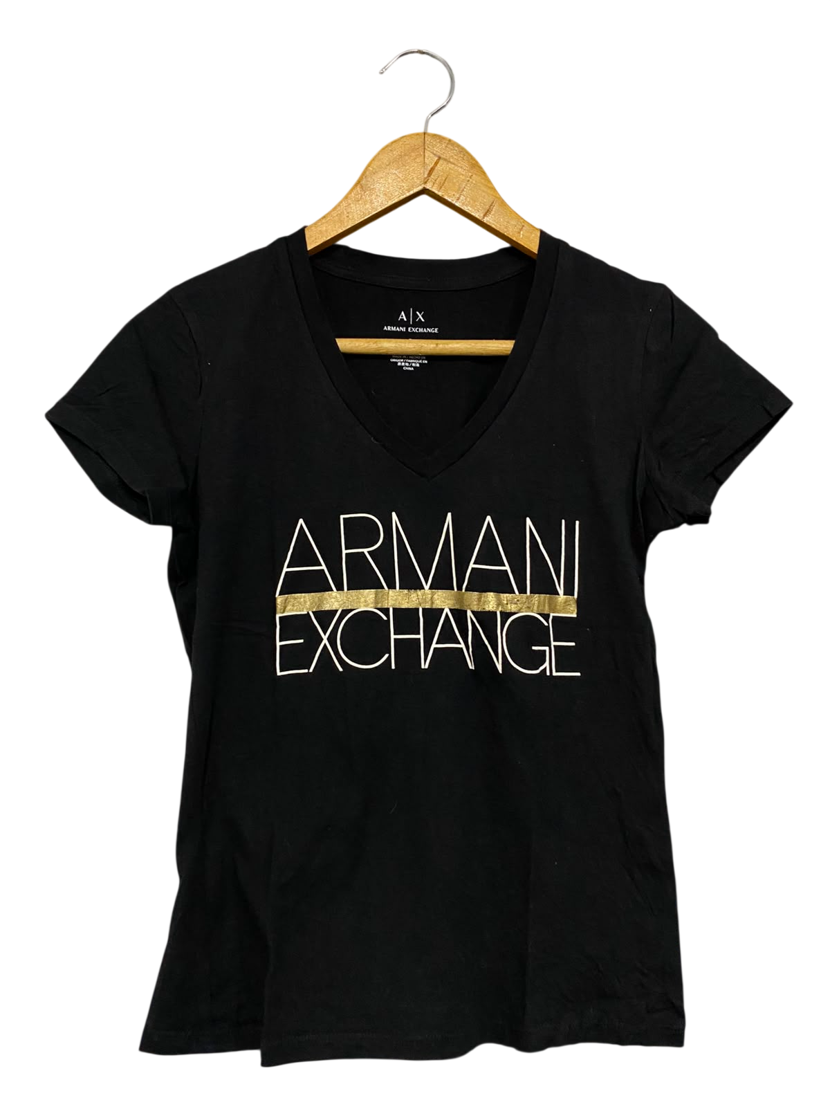 ARMANI EXCHANGE |S| BUST 15| A38| BLACK METALLIC GOLD-ACCENT LOGO V-NECK T-SHIRT