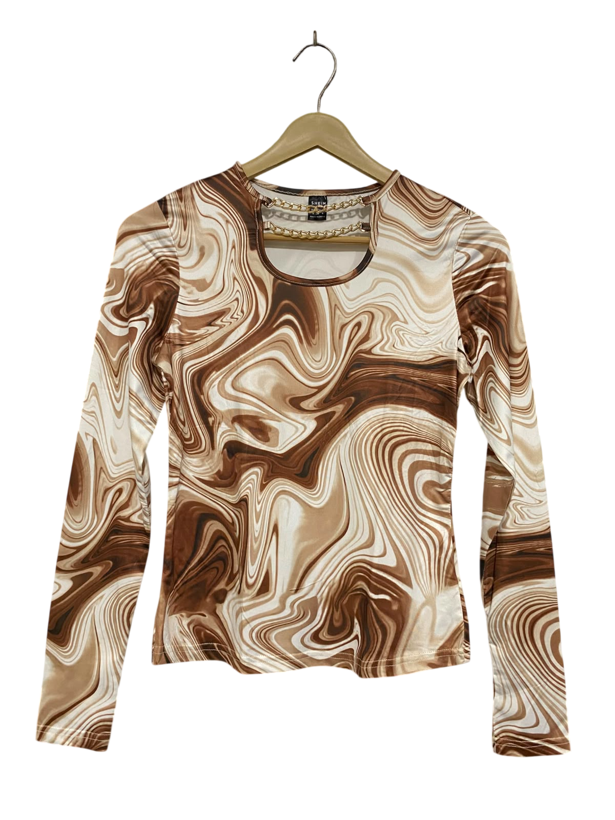 SHEIN |S| BUST 14| A38| BROWN SWIRL MARBLE PRINT CHAIN-DETAIL LONG-SLEEVE TOP