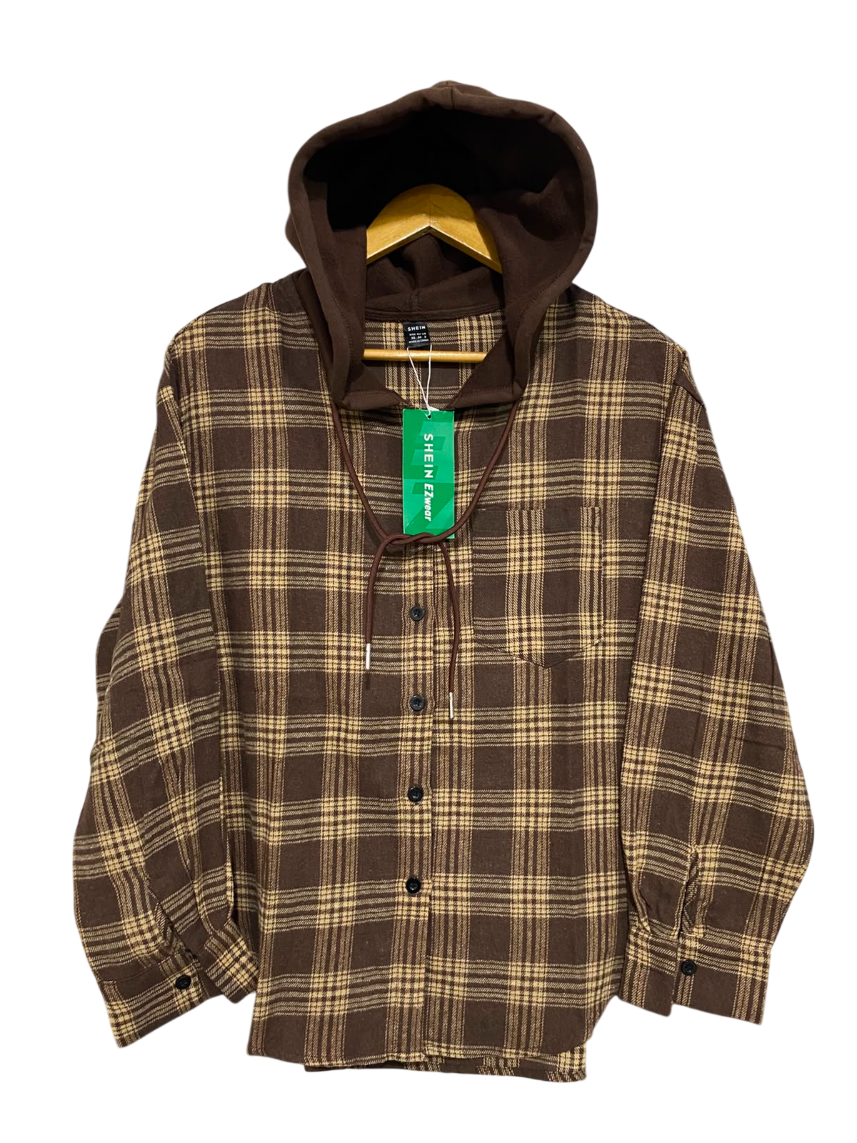 SHEIN |XS| BUST 21| A38| BROWN PLAID HOODED BUTTON-DOWN FLANNEL SHIRT
