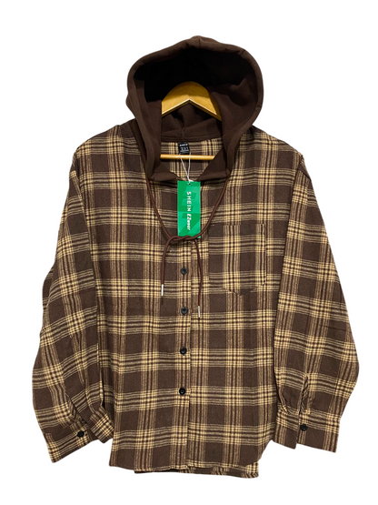 SHEIN |XS| BUST 21| A38| BROWN PLAID HOODED BUTTON-DOWN FLANNEL SHIRT