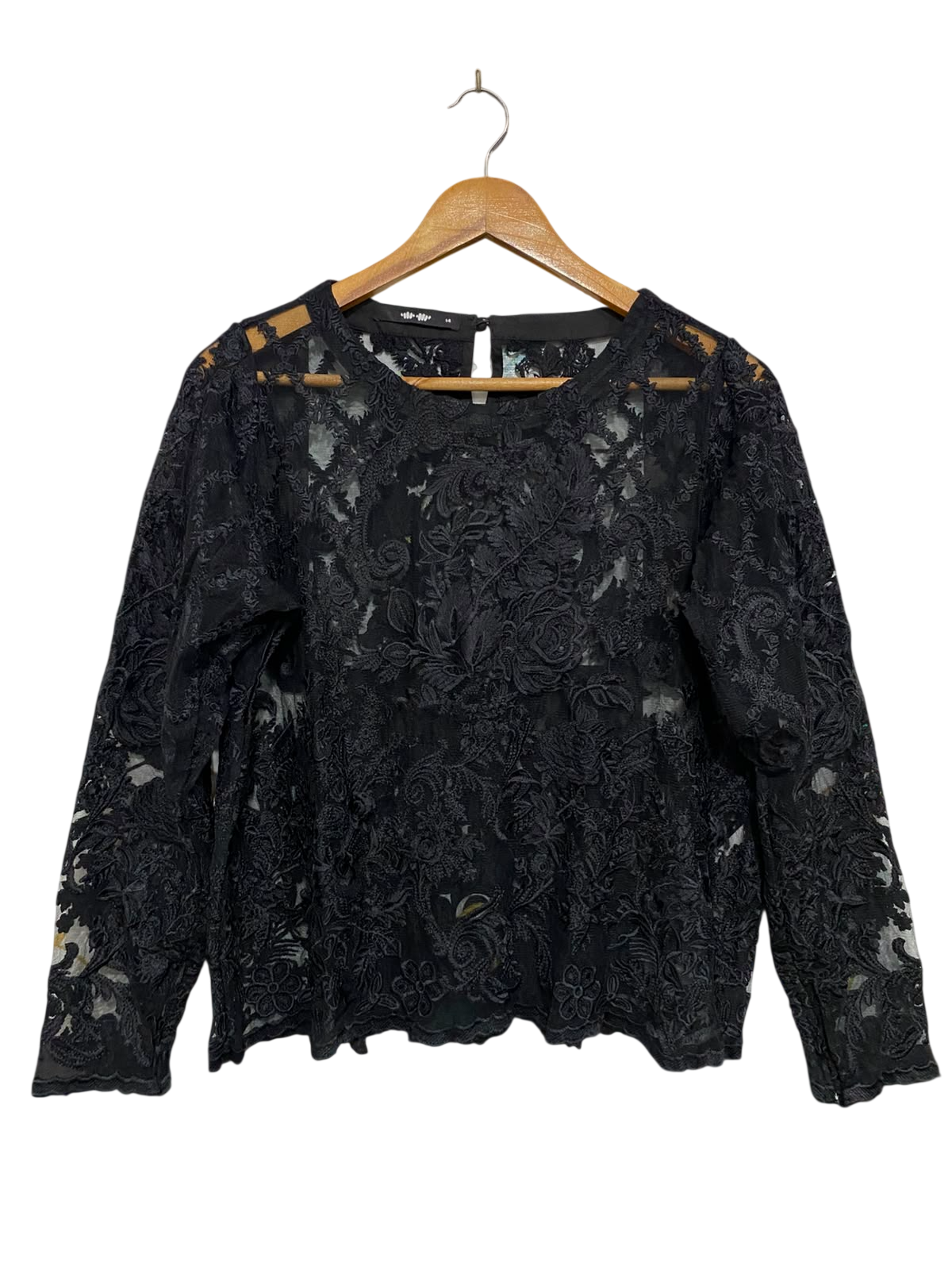 KHAADI |M| BUST 19| A38| BLACK FLORAL EMBROIDERED SHEER LACE LONG-SLEEVE TOP