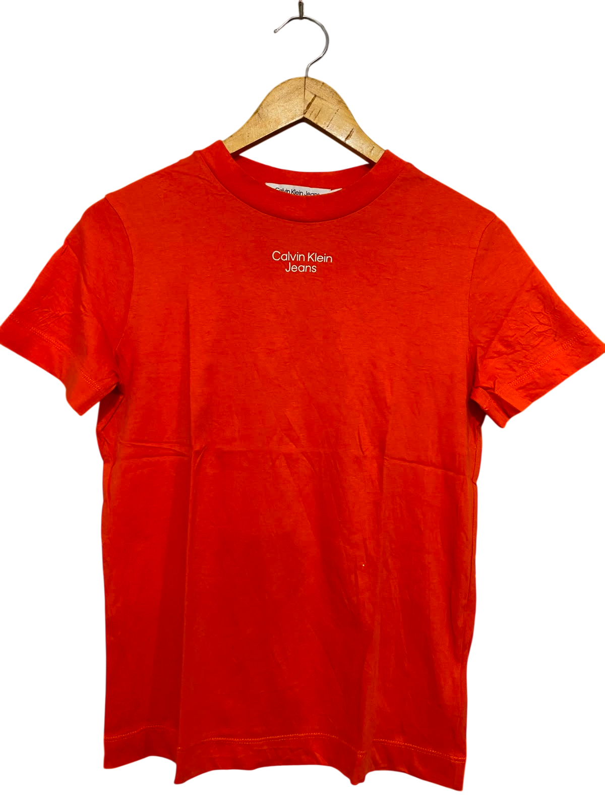 CALVIN KLEIN JEANS |XS| BUST 16 | A38| VIBRANT ORANGE LOGO T-SHIRT