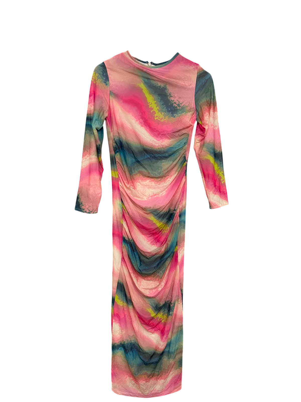|S| BUST 15| A38| MULTICOLOR ABSTRACT TIE-DYE RUFFLED LONG-SLEEVE MAXI DRESS