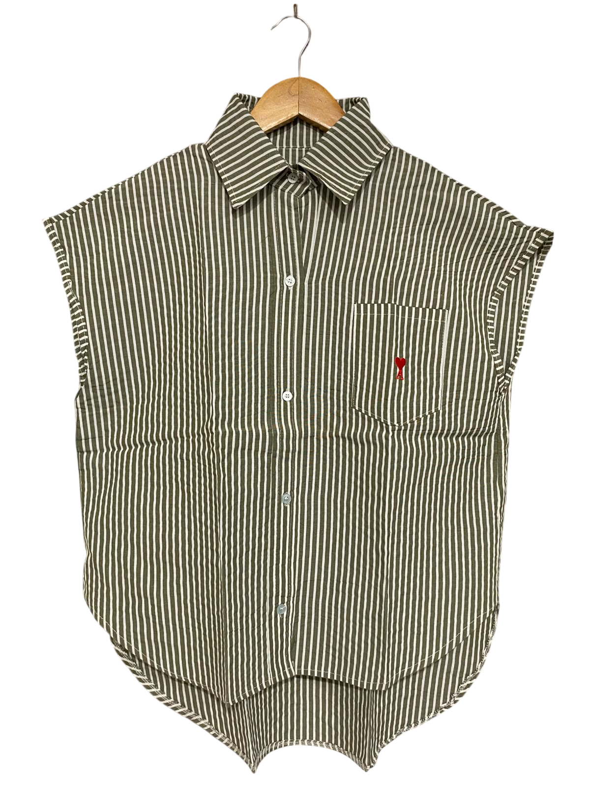 |M| BUST 21| A38| OLIVE & WHITE STRIPED SLEEVELESS BUTTON-DOWN SHIRT
